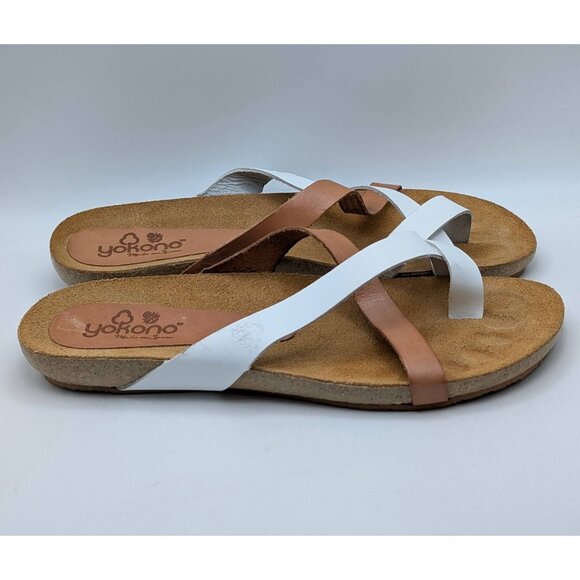 Yokono Sandals Spain Made Toe Thong Leather Strap Women’s Size 7.5 White Brown - Picture 2 of 7